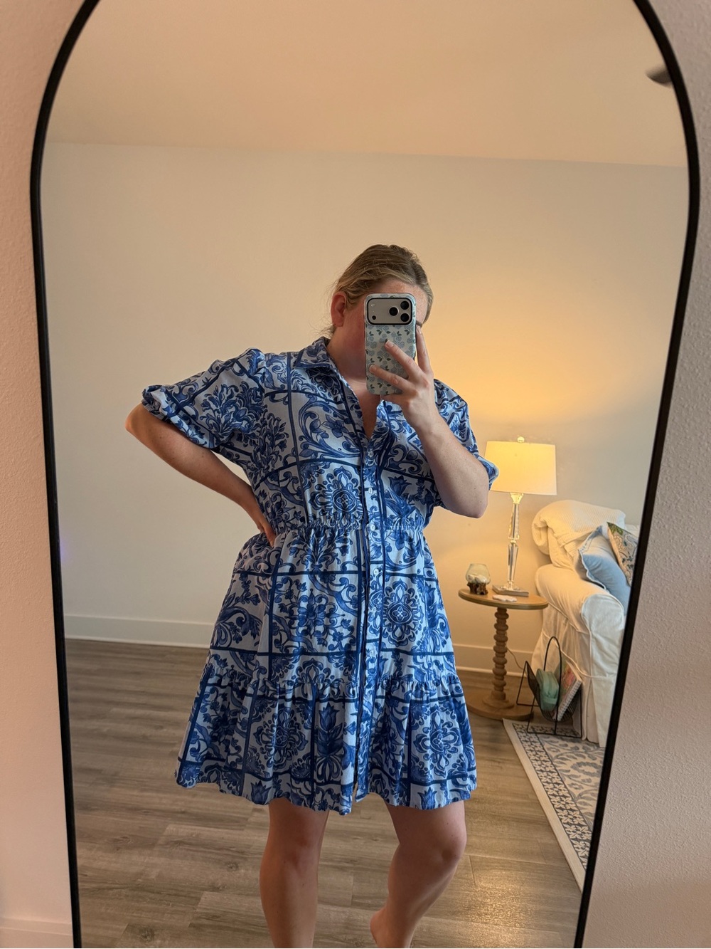 Blue Printed Short-Sleeve Tiered Button Dress